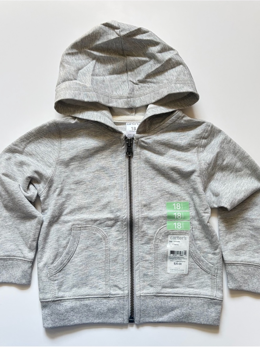 Carter’s Lightweight Hoodie Zippered Jacket NWT Boys 18 Months Heather Grey